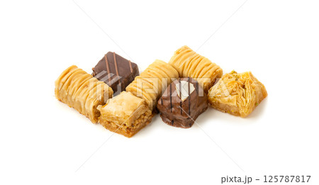 Baklava Isolated, Small Ramadan Dessert, Eastern Sweet Filo Pastries, Turkish Honey Baklawa, Oriental Desert Baklava Isolated, Small Ramadan Dessert, Eastern Sweet Filo Pastries, Turkish Honey Baklawa, Oriental Desert 125787817