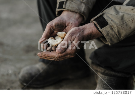 The aged hands grip the bread with quiet desperation. The hands bear the weight of a lifetime of work. The aged hands grip the bread with quiet desperation. The hands bear the weight of a lifetime of work. 125788017