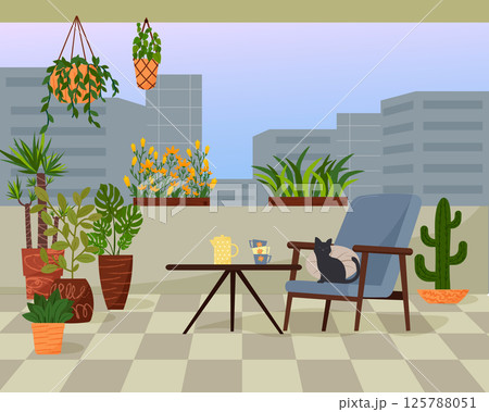 Armchair and coffee table on the balcony of the apartment. Terrace with green plants. Flowers in clay pots and boxes for seedlings. Place to relax. View from above on the city and buildings. Vector il Armchair and coffee table on the balcony of the apartment. Terrace with green plants. Flowers in clay pots and boxes for seedlings. Place to relax. View from above on the city and buildings. Vector il 125788051