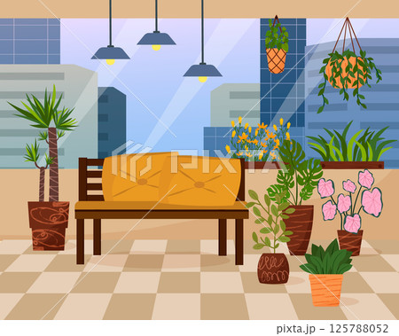 Plant garden on city home balcony. House terrace with green plants. Sofa with pillows. Flowers and boxes for seedlings. Place for rest. View of city and buildings. Vector illustration Plant garden on city home balcony. House terrace with green plants. Sofa with pillows. Flowers and boxes for seedlings. Place for rest. View of city and buildings. Vector illustration 125788052