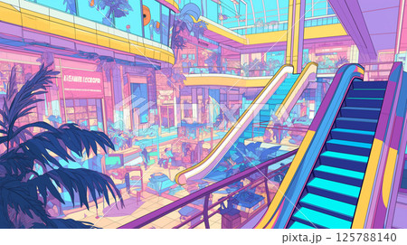近未来感あふれるショッピングセンターのファンタジック内観風景イラスト｜光と色の抽象空間デザイン 125788140
