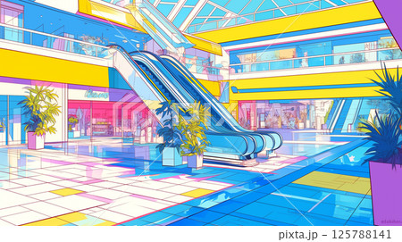 近未来感あふれるショッピングセンターのファンタジック内観風景イラスト｜光と色の抽象空間デザイン 125788141