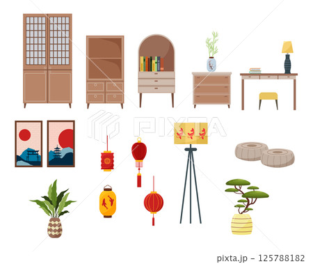 set of furniture of oriental interior. Wardrobe, bedside table, table and floor lamp. Bookcase. Paintings, Japanese lanterns. Bonsai and flowers. set of furniture of oriental interior. Wardrobe, bedside table, table and floor lamp. Bookcase. Paintings, Japanese lanterns. Bonsai and flowers. 125788182