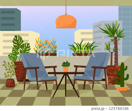 Balcony of a city house. Terrace of a house with green plants. Two armchairs and a coffee table. Flowers and boxes for seedlings. Place for rest. Balcony of a city house. Terrace of a house with green plants. Two armchairs and a coffee table. Flowers and boxes for seedlings. Place for rest. 125788186