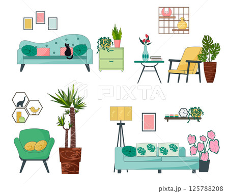 Set of interior illustrations. Sofa and nightstand with green plants. Armchair and coffee table and vase with flowers. Palm tree and decorative figurines. Floor lamp, shelf with flowers and paintings Set of interior illustrations. Sofa and nightstand with green plants. Armchair and coffee table and vase with flowers. Palm tree and decorative figurines. Floor lamp, shelf with flowers and paintings 125788208