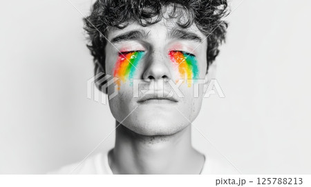 Man with Closed Eyes Displaying Rainbow Tears in Artistic Black-and-White 125788213
