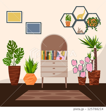 Home garden, illustration with furniture and flowers. Bookcase with books. Flowers in pots. Green greenhouse in the apartment. A place to relax with plants. Home garden, illustration with furniture and flowers. Bookcase with books. Flowers in pots. Green greenhouse in the apartment. A place to relax with plants. 125788214