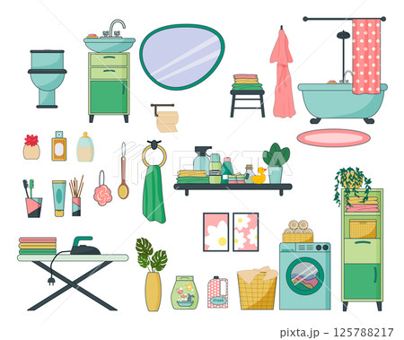 Bathroom furniture set. Bath with shower and curtain. Toilet and sink with cabinet. Shelf with personal hygiene items. Laundry basket, washing machine and ironing board. 125788217