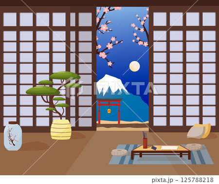 Oriental interior. Night view of the mountains from the terrace. Blooming sakura and temple gate. Desk with writing utensils. Seat cushions. Bonsai and vase. 125788218