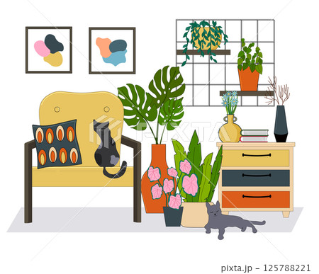 Relaxation room with green plants. Home garden, greenhouse. Bedside table and armchair for relaxation. Various plants in pots. Shelves for flowers. Pictures on the wall, vases with flowers. Lying cat. 125788221