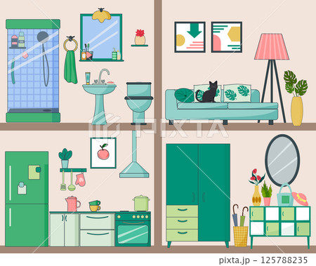 Furnished apartment interior plan. Bathroom with shower. Living room with sofa and floor lamp. Kitchen with stove and refrigerator. Hallway with wardrobe and mirror. Furnished apartment interior plan. Bathroom with shower. Living room with sofa and floor lamp. Kitchen with stove and refrigerator. Hallway with wardrobe and mirror. 125788235