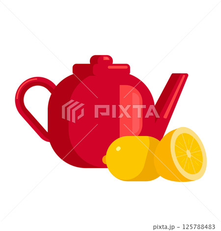 Red teapot with yellow lemons nearby. Whole and half. Perfect for bright design of menus, dishes, kitchen textiles. Break, tea, tea ceremony. 125788483