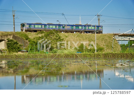 愛知環状鉄道の車両と田植え前の水張り 125788597