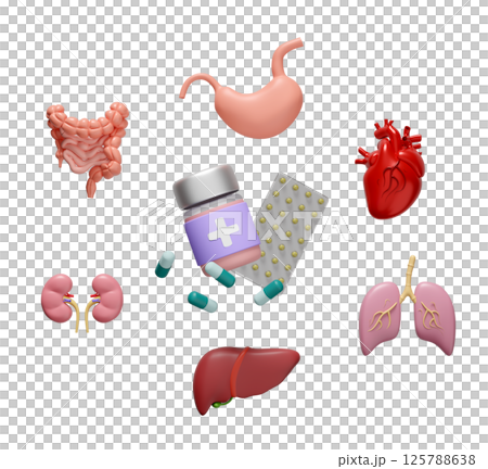 3d medicine bottle with antibiotics, heart, liver, lungs, intestine, kidney, stomach isolated. 3d illustration render 125788638