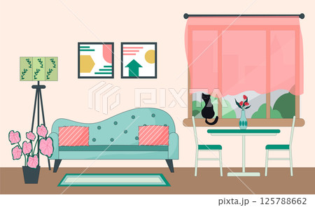 Living room interior. Sofa and floor lamp, table and chairs. Window with curtain. Shelf for flowers and books. Pictures on the wall and vases with a bouquet of flowers. The cat is sitting on the windo Living room interior. Sofa and floor lamp, table and chairs. Window with curtain. Shelf for flowers and books. Pictures on the wall and vases with a bouquet of flowers. The cat is sitting on the windo 125788662