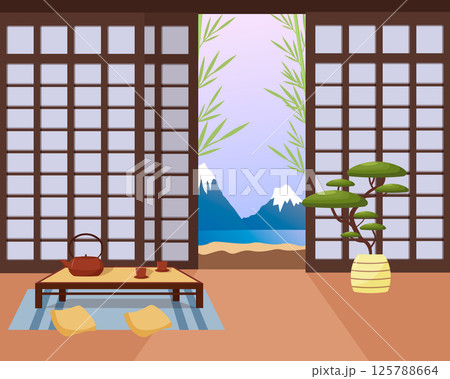 Oriental Japanese interior. Terrace with tea table. Teapot and cups, table, bonsai and vase, soft pillows and rug on the floor. Open terrace with view of mountains and growing bamboo. Vector illustrat Oriental Japanese interior. Terrace with tea table. Teapot and cups, table, bonsai and vase, soft pillows and rug on the floor. Open terrace with view of mountains and growing bamboo. Vector illustrat 125788664