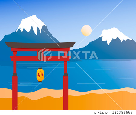 Temple gate against the backdrop of mountains and sea. Mountain peaks and sun. Japanese landscape. Eastern culture. Vector illustration 125788665