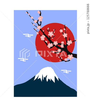 Temple gates against the mountain. Mountain peaks and sun. Japanese landscape with sakura branches. Eastern culture. Vector illustration 125788666