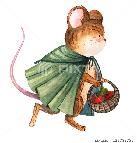 Watercolor illustration of a cute mouse character in a green cloak. Hand-painted woodland animal for children's decor, nursery prints, greeting cards, and storybook designs 125788756