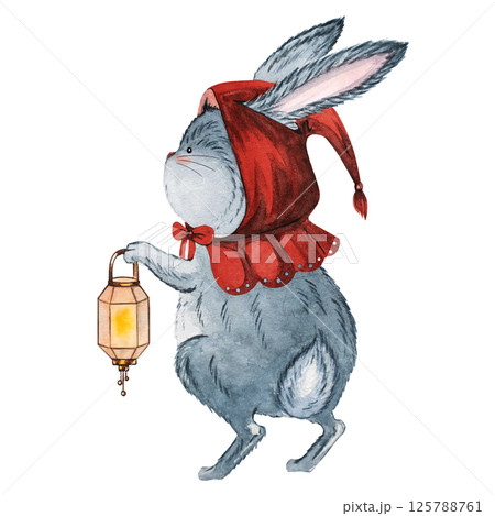 Watercolor illustration of a cute rabbit character wearing red cap with a lamp. Hand-painted woodland animal for children's decor, nursery prints, greeting cards, and storybook designs 125788761