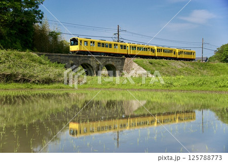 水鏡の田んぼを走る三岐鉄道 北勢線とメガネ橋 水鏡の田んぼを走る三岐鉄道 北勢線とメガネ橋 125788773
