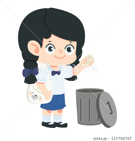 Cartoon Girl Disposing Trash in Bin 125788787