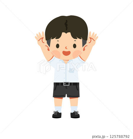 Cheerful Cartoon Boy with Raised Arms 125788792