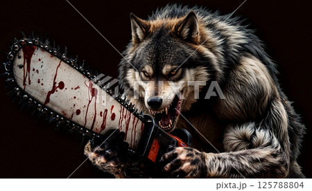 血塗られたチェーンソーを握る怒れる人狼【Generative AI】 125788804