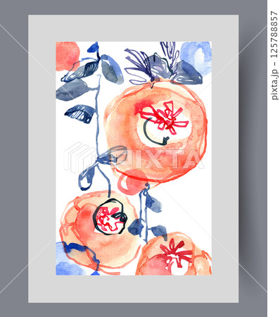 Ripe red berries on tree branch or bush grown in orchard on wall art. Watercolor artwork Ripe red berries on tree branch or bush grown in orchard on wall art. Watercolor artwork 125788857