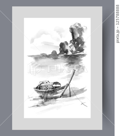Old wooden boat on seashore for fishermen who went fishing for nets on poster. Watercolor artwork 125788888