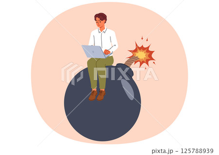 Business man is in danger due to investment in risky project, sitting on bomb with laptop on lap Business man is in danger due to investment in risky project, sitting on bomb with laptop on lap 125788939