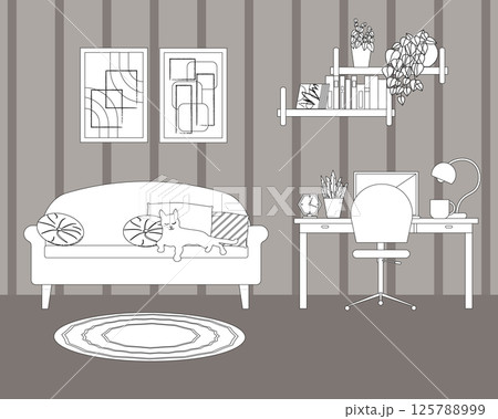 Study room. Line sketch. Desk, computer and work chair. Sofa with pillows. Pictures on the wall and shelves with personal belongings. Cat on the sofa. Flowers in pots. Vector illustration 125788999