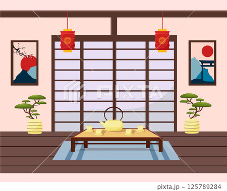 Oriental interior - a room for a tea ceremony. Teapot and cups, table, bonsai and vase, soft pillows and a mat on the floor. Terrace with a view of the mountains. Vector illustration Oriental interior - a room for a tea ceremony. Teapot and cups, table, bonsai and vase, soft pillows and a mat on the floor. Terrace with a view of the mountains. Vector illustration 125789284