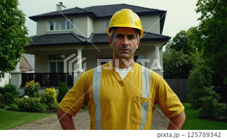 Man in yellow helmet standing in front of the house. He's wearing uniform and he's construction 125789342