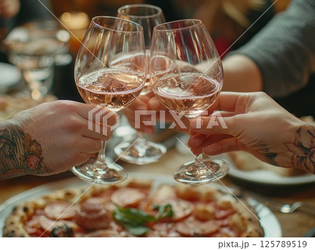 Cheers with rosé over Italian dinner Cheers with rosé over Italian dinner 125789519