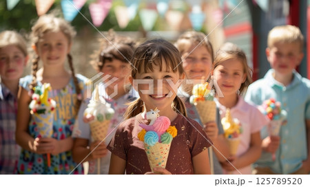 Smiling children with candy school cones 125789520