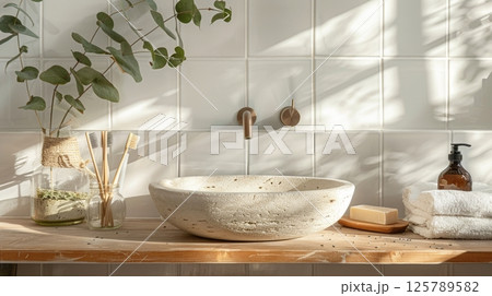 Eco bathroom with stone sink sunlight 125789582