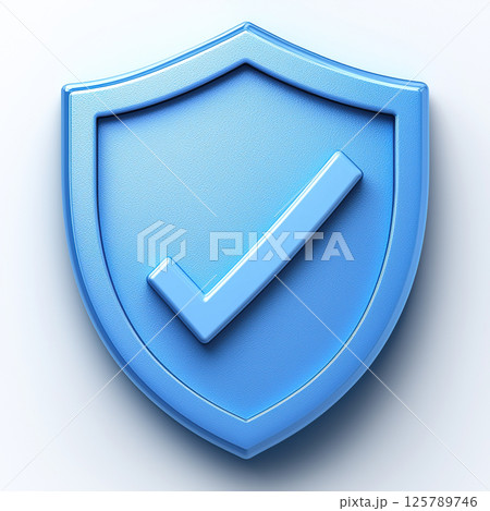 A blue shield icon featuring a checkmark, representing security and approval in a clean design. 125789746