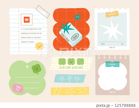 memo template. A collection of striped notes, blank notebooks, and torn notes used in a diary or office. 125789888