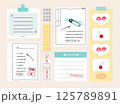 memo template. A collection of striped notes, blank notebooks, and torn notes used in a diary or office. 125789891