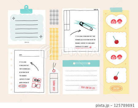 memo template. A collection of striped notes, blank notebooks, and torn notes used in a diary or office. 125789891