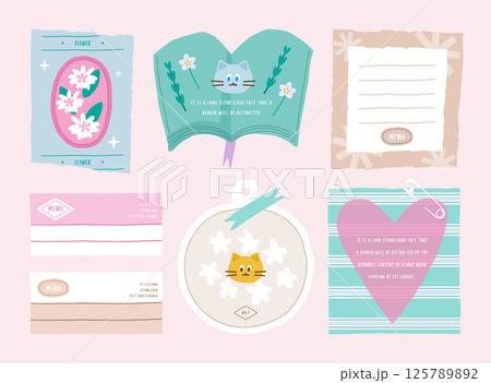 memo template. A collection of striped notes, blank notebooks, and torn notes used in a diary or office. 125789892