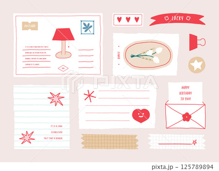 memo template. A collection of striped notes, blank notebooks, and torn notes used in a diary or office. 125789894