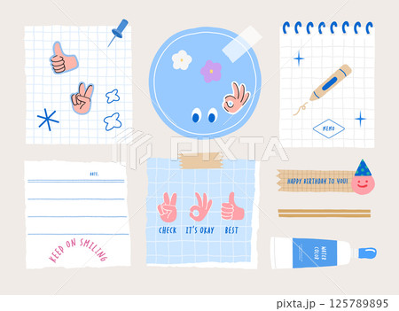 memo template. A collection of striped notes, blank notebooks, and torn notes used in a diary or office. 125789895
