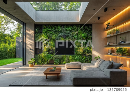 Modern living room with greenery, skylights, and cozy sofa for relaxation, futuristic design 125789926