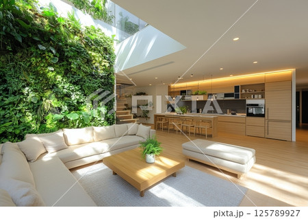 Modern sustainable living room with vertical garden and skylight in spacious open concept design 125789927