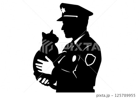 猫を抱く優しい警察官のシルエット 125789955