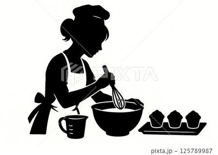 お菓子作りに夢中な女の子のシルエット お菓子作りに夢中な女の子のシルエット 125789987