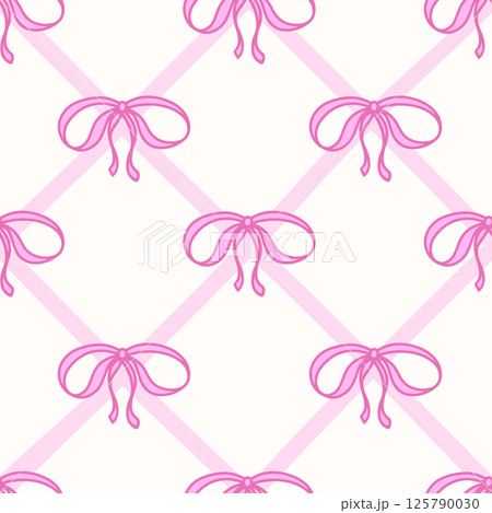 Coquette seamless pattern Pink Ribbon Bow. Pretty Girly bows on white background with pink cross ribbons. Trendy feminine romantic art for greeting cards, textile, fabric, wallpaper, wrapping. Vector Coquette seamless pattern Pink Ribbon Bow. Pretty Girly bows on white background with pink cross ribbons. Trendy feminine romantic art for greeting cards, textile, fabric, wallpaper, wrapping. Vector 125790030