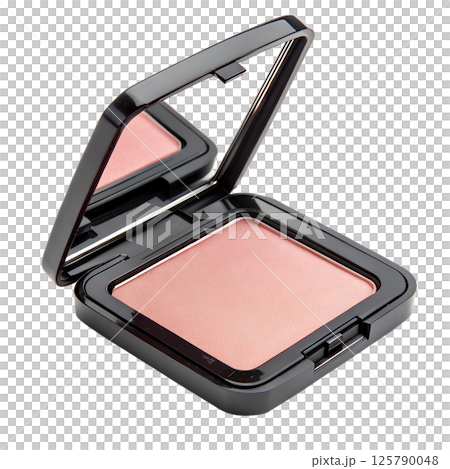 Open pink blush compact with mirror, elegant makeup accessory isolated on the transparent background 125790048